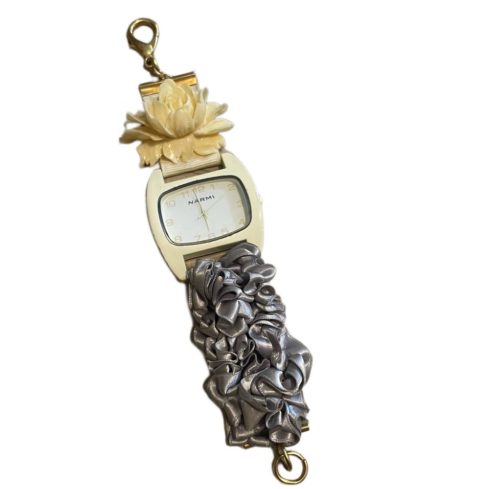 Anthropologie Narmi Women's Gold-Toned Watch W/ Acrylic Flower & Satin Band